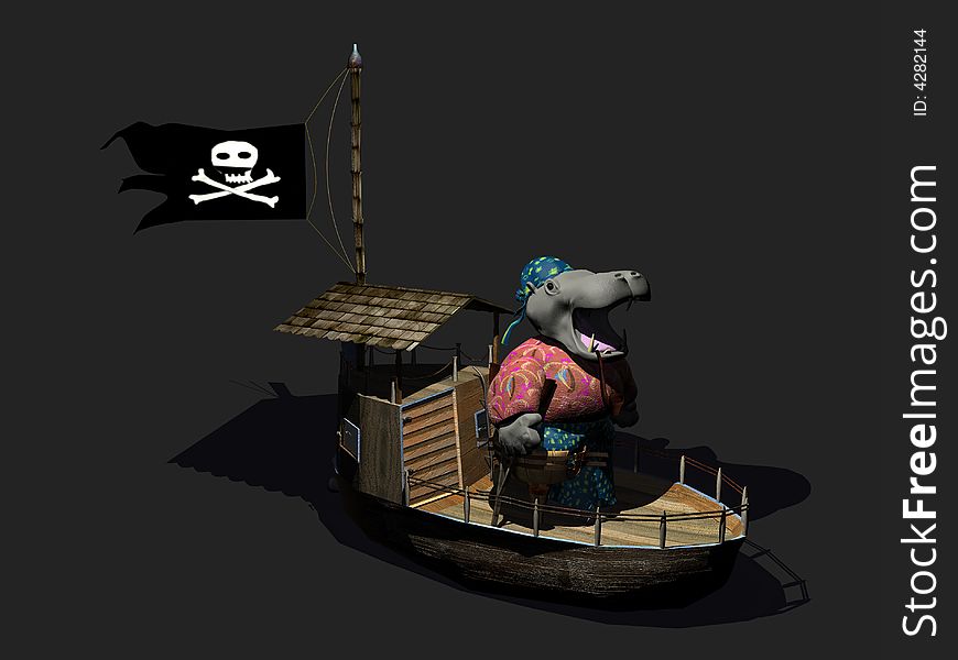 Render of hippo pirate and boat. Render of hippo pirate and boat