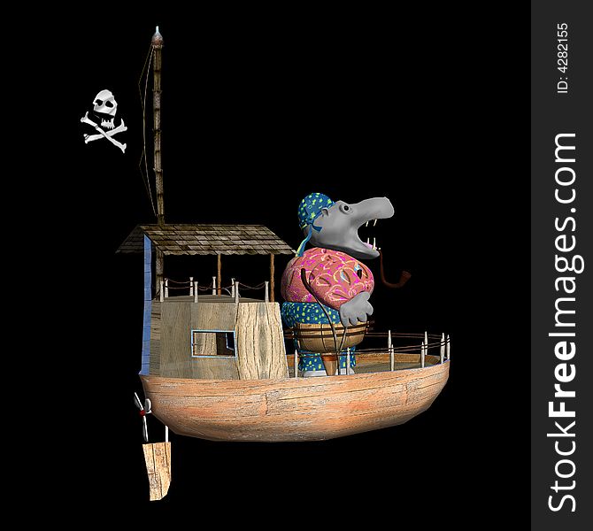 Render of little and cute figure - hippo pirate and boat. Render of little and cute figure - hippo pirate and boat