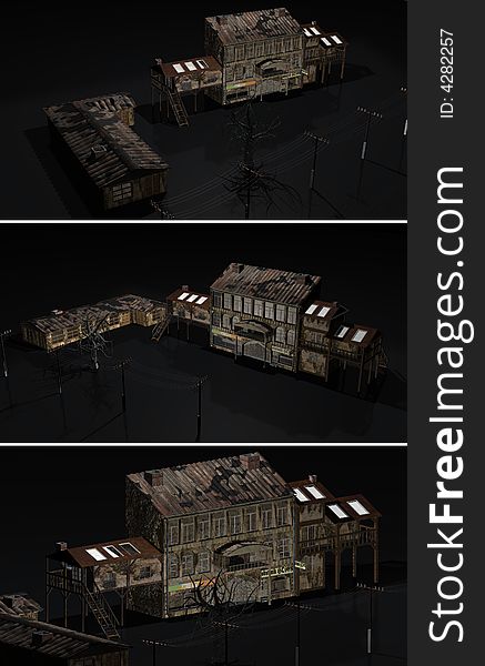A few renders of one sad town street on the black background