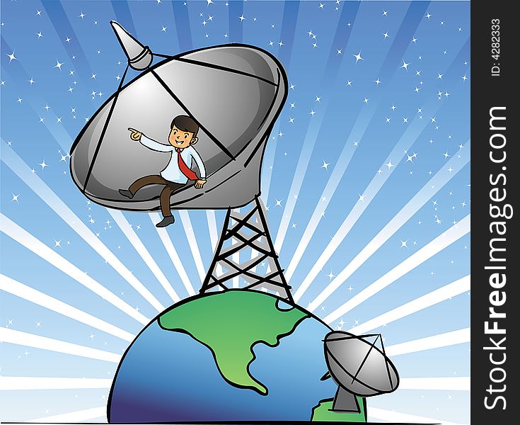 Businessman sit on the satellite dishes and on top of earth