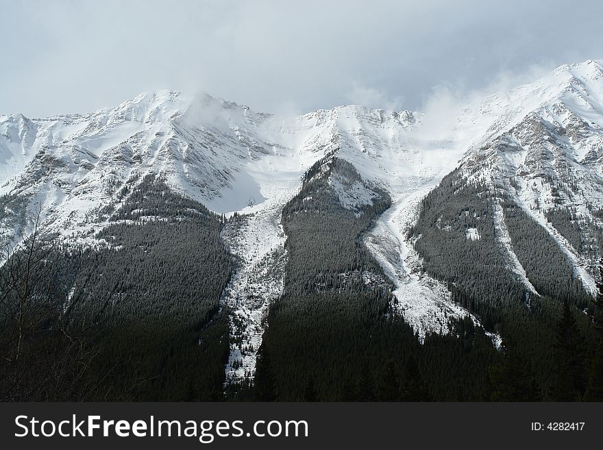 Winter avalanche view of canadian rockies in kananaskis country, alberta, canada. Winter avalanche view of canadian rockies in kananaskis country, alberta, canada