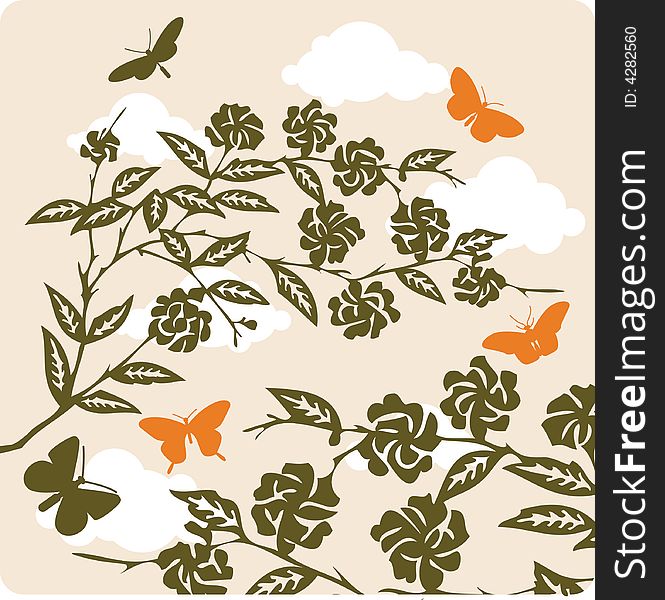 Floral background illustration with bird and butterfly in Chinese paper cutting style