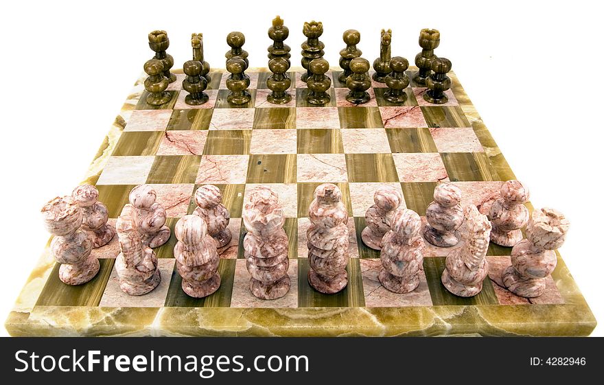 Chess peices and board set to play and isolated on white. Chess peices and board set to play and isolated on white.