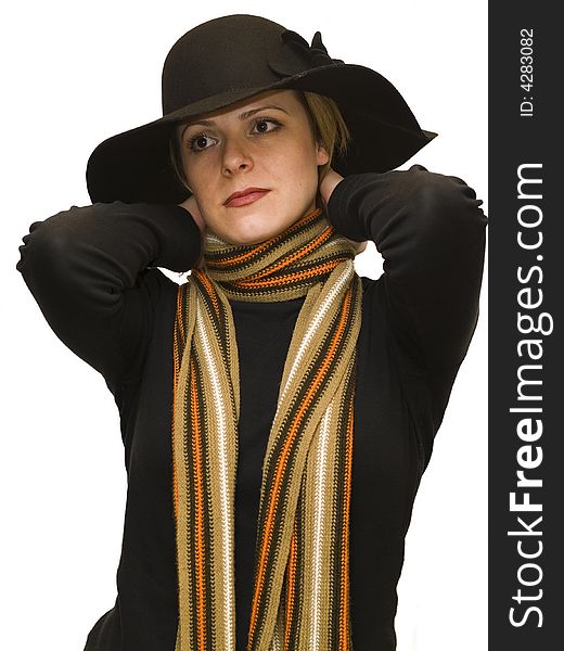 Woman in black with hat on white background. Woman in black with hat on white background