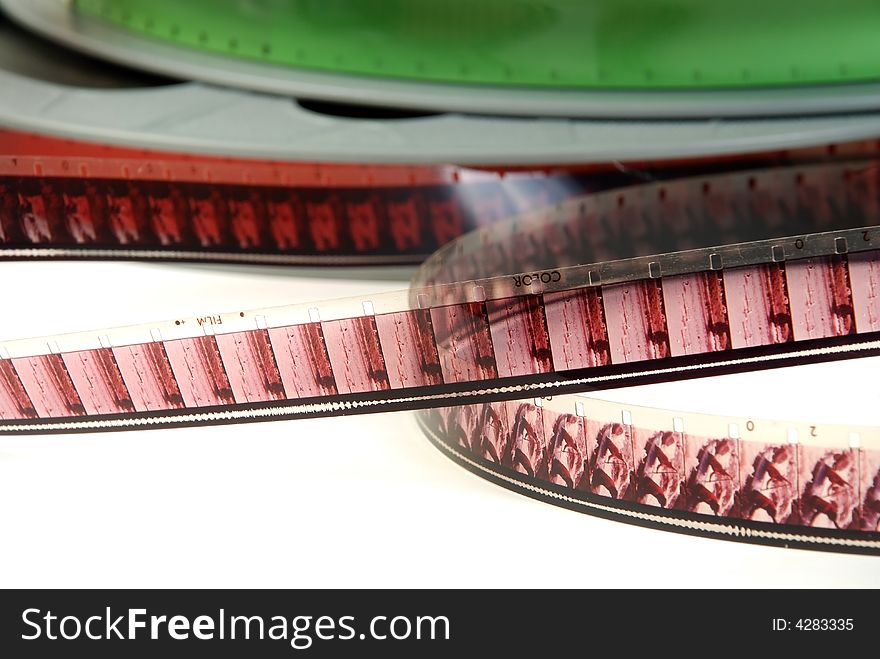 Motion picture color Film and reels close-up. Motion picture color Film and reels close-up