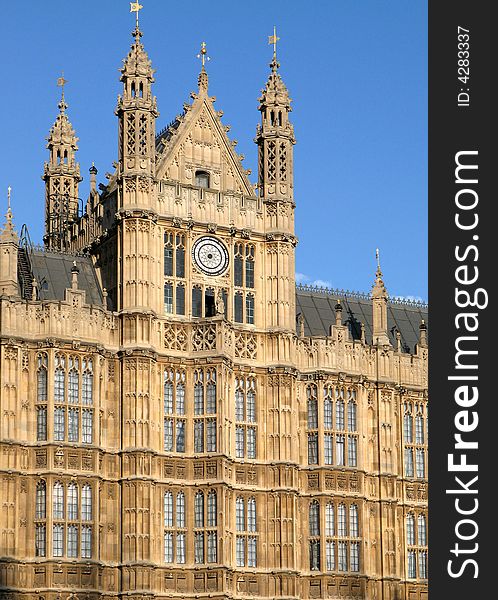 Close view of the detailed decorations and spires of Parliament. Close view of the detailed decorations and spires of Parliament