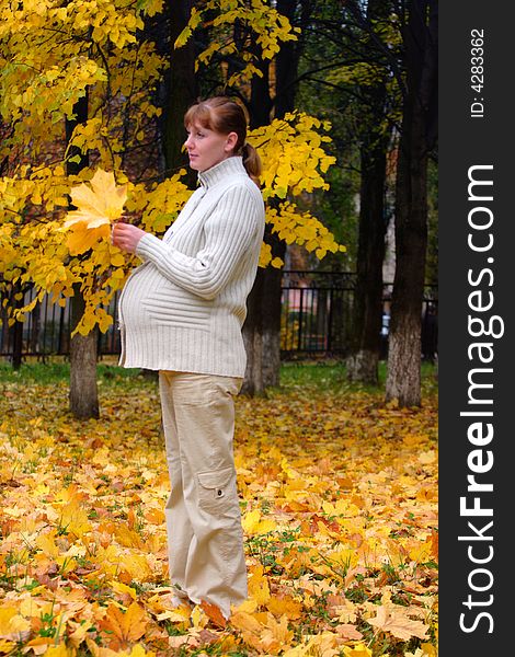 Pregnant woman in autumn park hold maple leaf