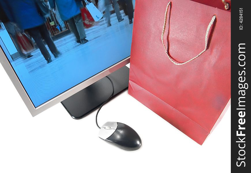 Wide Screen LCD Computer Monitor, Mouse and Gift bag (Isolated on white background). Wide Screen LCD Computer Monitor, Mouse and Gift bag (Isolated on white background)