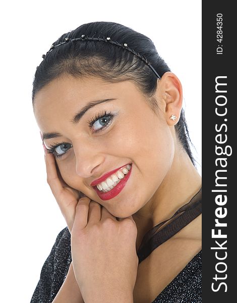 Portrait of the brunette with blue eye on white background