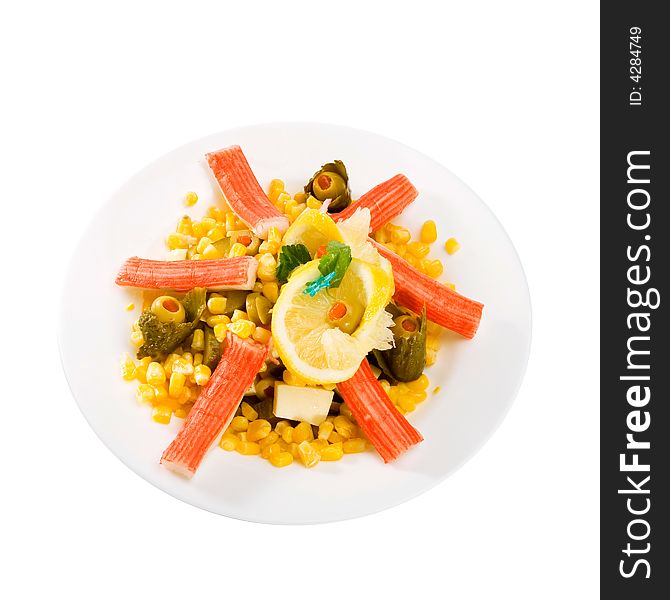 Salad with crab roll, corn, olive and lemon. Salad with crab roll, corn, olive and lemon