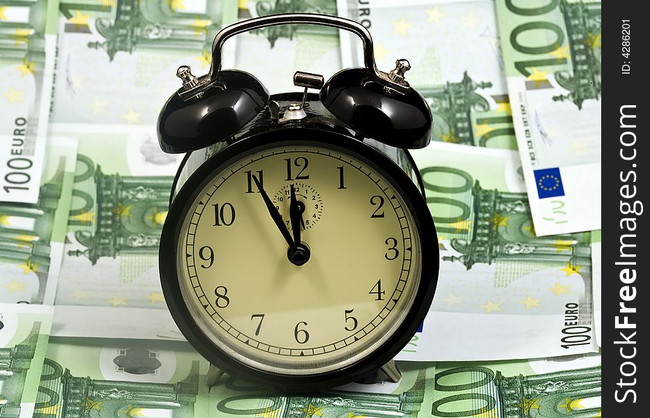 Illustration of alarm watch on euro bills. Illustration of alarm watch on euro bills