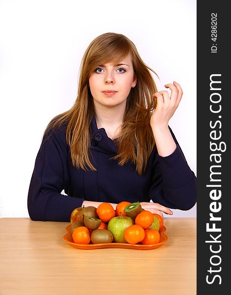 Young woman with color fruits. Young woman with color fruits