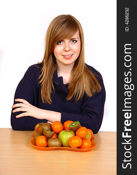 Young woman with color fruits. Young woman with color fruits