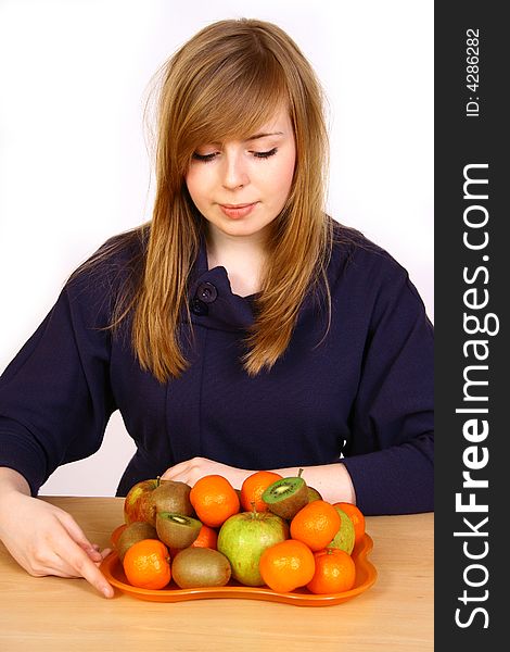 Young woman with color fruits. Young woman with color fruits