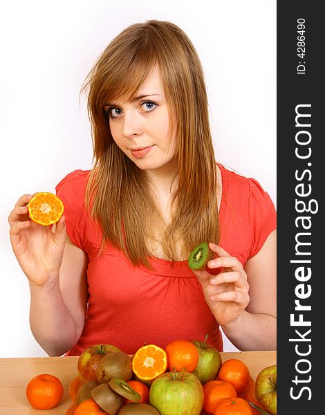 Young woman with color fruits. Young woman with color fruits