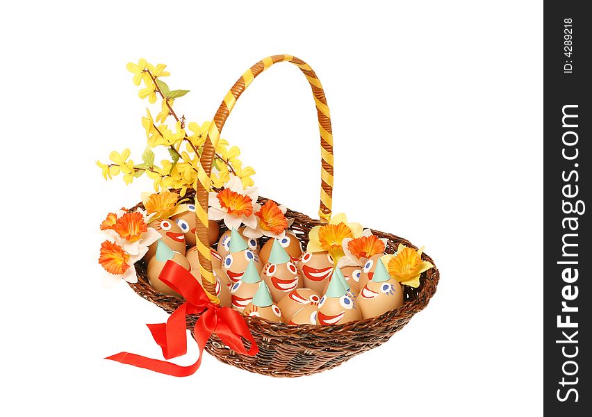 Easter egg, basket in white background. Easter egg, basket in white background