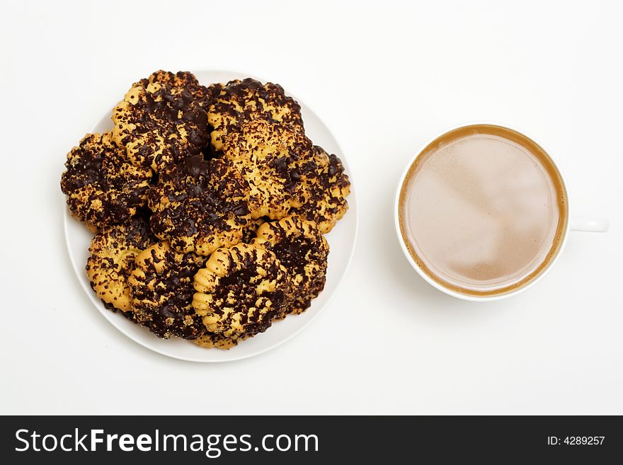 Coffee and cookies. On white.