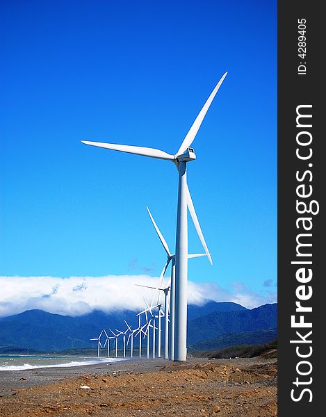 Wind Turbine In A Single Row Along The Shore