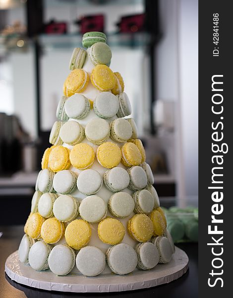 Macaron display as a Pyramid in a store. Macaron display as a Pyramid in a store.