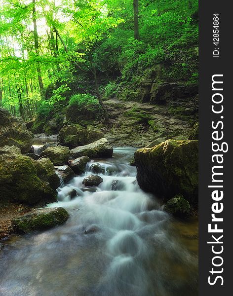 Beautiful motion blurred water stream landscape in a green bakony forest in Hungary. Beautiful motion blurred water stream landscape in a green bakony forest in Hungary