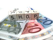 Several Euro Banknotes With The Word Shop Stock Photography