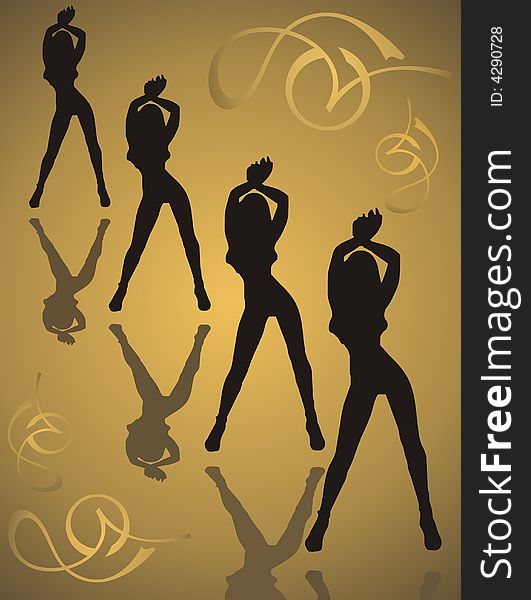 Dancing girls - golden background - illustration