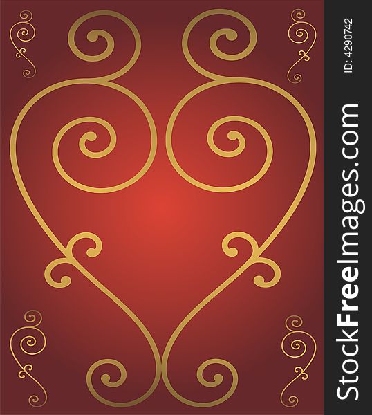 Golden heart on red background - illustration