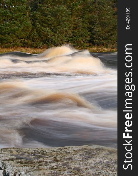 A river in full spate with slow exposure in front of evergreen trees. A river in full spate with slow exposure in front of evergreen trees