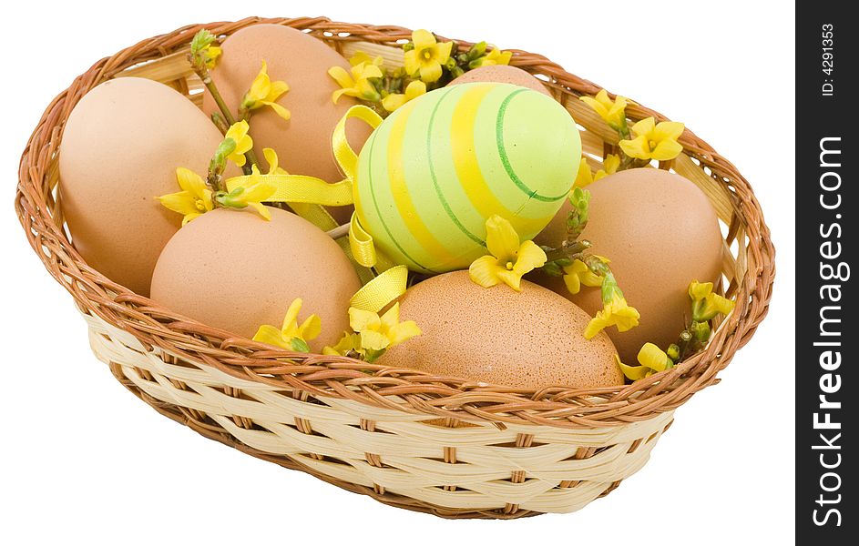 A basket of colourful easter eggs isolated on the white background