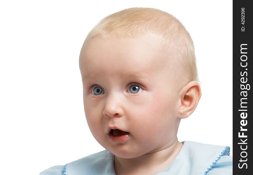 Surprised baby with blue eyes on white background. Surprised baby with blue eyes on white background
