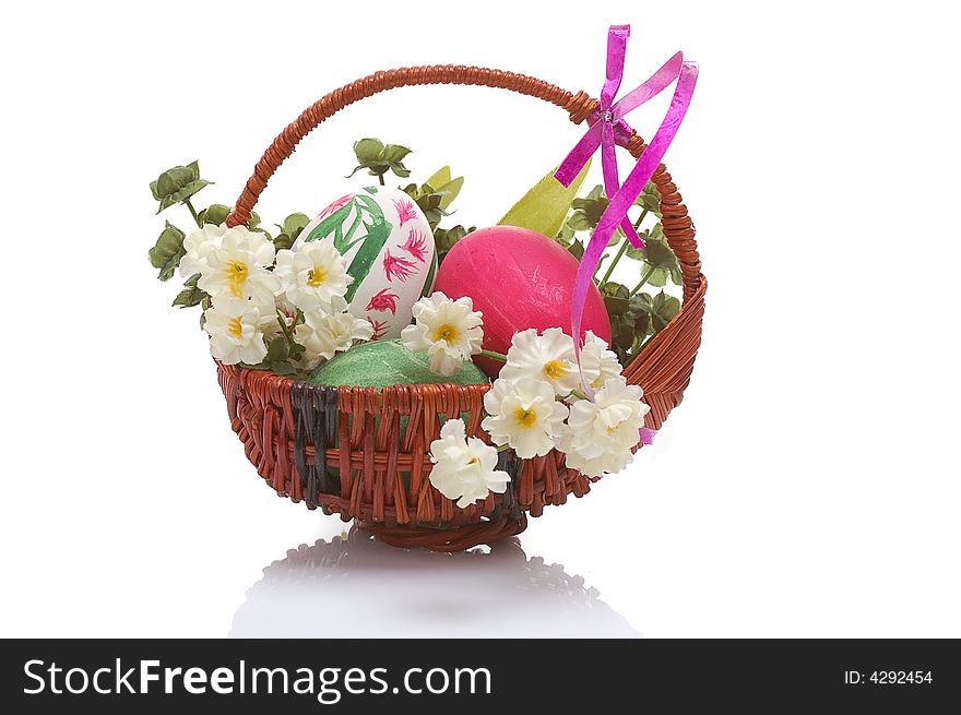Decorated easter basket with eggs. Decorated easter basket with eggs