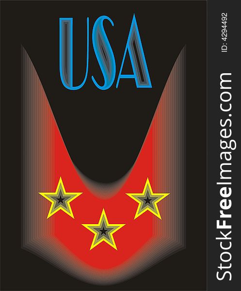Large abstract colored bright creative portrayal of the emblem with a blue placard Usa and three yellow stars on a black background. Large abstract colored bright creative portrayal of the emblem with a blue placard Usa and three yellow stars on a black background.