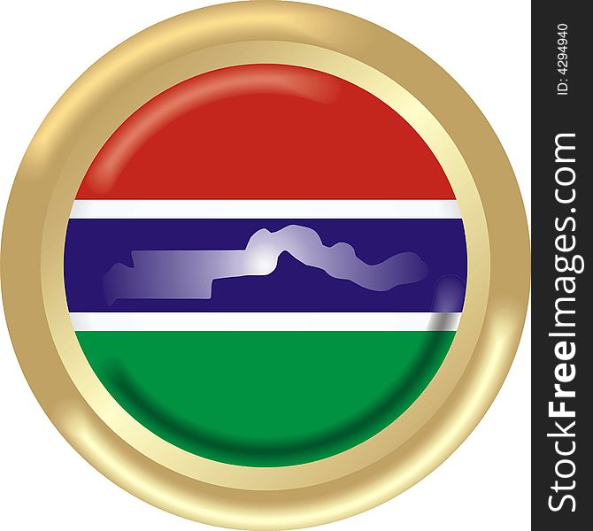 Art illustration: round gold medal with map and flag of gambia