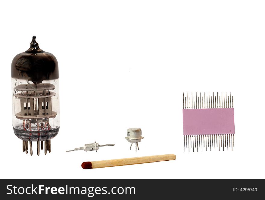 Development of microelectronics in the second half twentieth centuries: a radio tube, the diode, the transistor, a greater integrated microcircuit (contains more than ten thousand transistors).