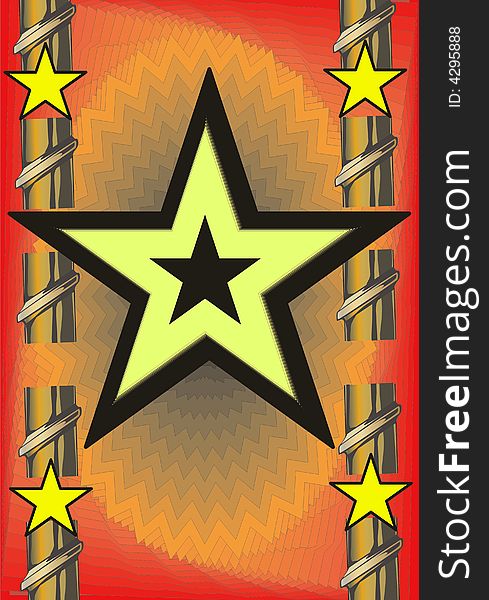 Great creative abstract colored bright yellow portrayal of black stars on the two metal decorative pillars to the red orange background. Great creative abstract colored bright yellow portrayal of black stars on the two metal decorative pillars to the red orange background.