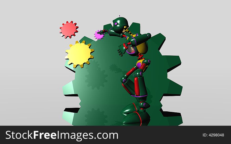 A silly robot playing with gears. A silly robot playing with gears