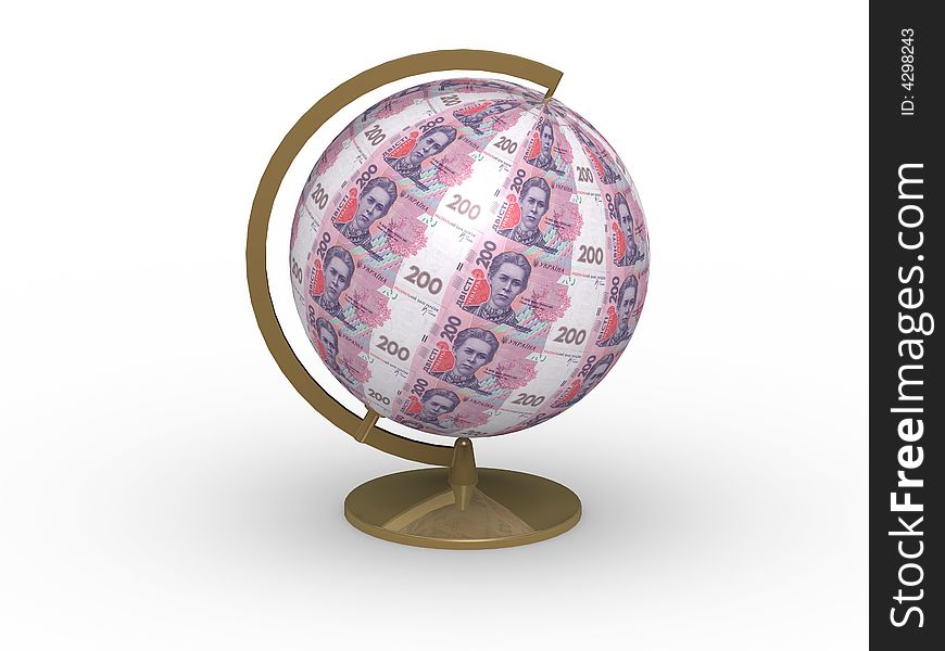 Sphere formed of Ukrainian two hundred banknotes with gold support over white background. Sphere formed of Ukrainian two hundred banknotes with gold support over white background