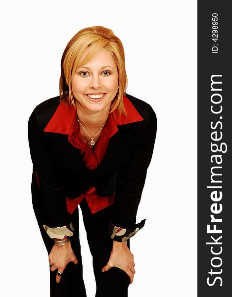 An friendly blond girl in an red blouse and black jacket standing in an studio
for white background. An friendly blond girl in an red blouse and black jacket standing in an studio
for white background.