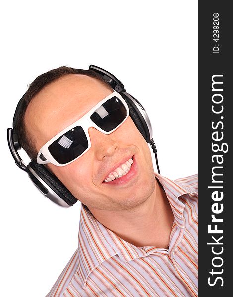 Music man with sunglasses on white