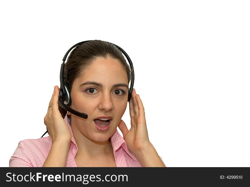 A girl, wearing headphones and microphone, looking very surprised. A girl, wearing headphones and microphone, looking very surprised
