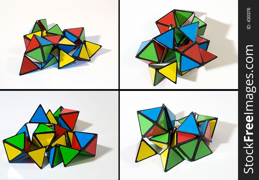 Array of similar colored pyramids. Four versions with different pyramid shapes. Small pyramid connected to other pyramid. Array of similar colored pyramids. Four versions with different pyramid shapes. Small pyramid connected to other pyramid