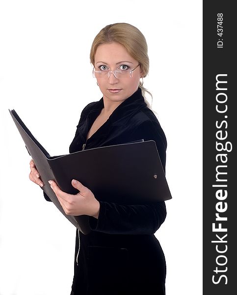 Business woman with a notepad wearing glasses