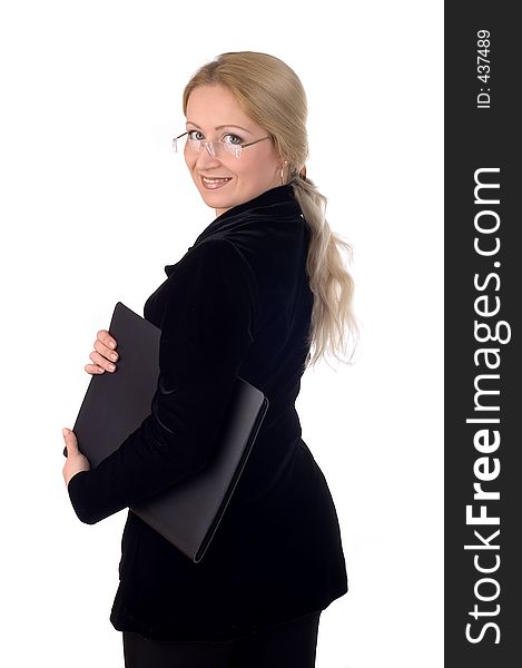 Business woman with a notepad wearing glasses