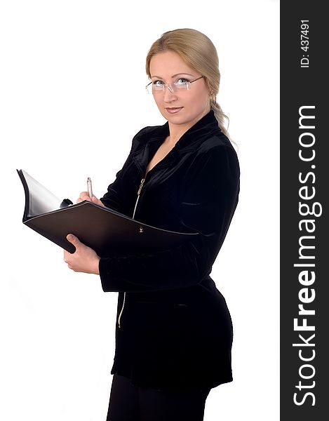 Business woman with a notepad wearing glasses