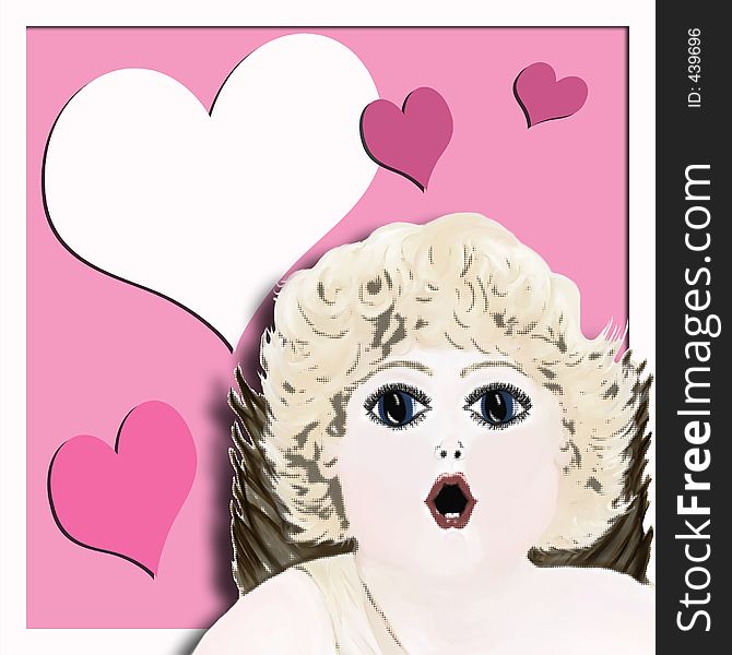 Pop art designed Cherub with pnik and white heart background and white frame with room for copy on hearts Look Here For Detail. Pop art designed Cherub with pnik and white heart background and white frame with room for copy on hearts Look Here For Detail