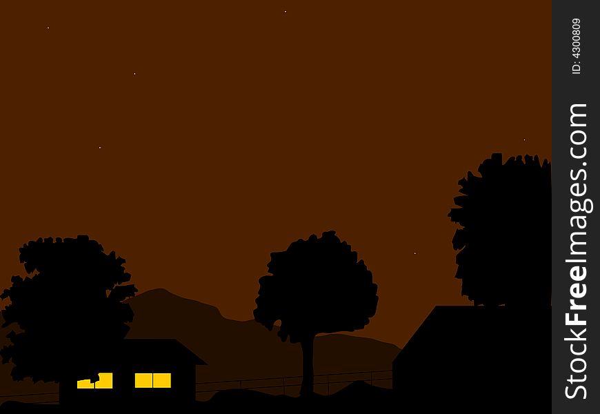 Night village silhouette with trees and mountains.