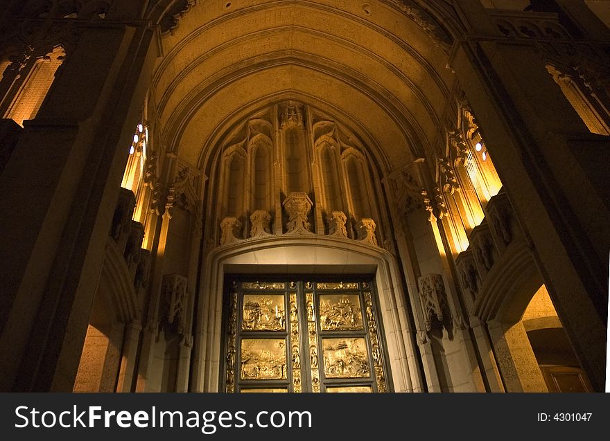 Close up of the entrance to Grace Cathedral, San Francisco at night. Close up of the entrance to Grace Cathedral, San Francisco at night