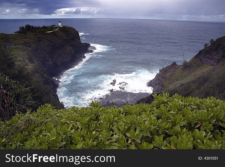 This is the kilauea lighthouse and bay, Poipu, Hawaii.