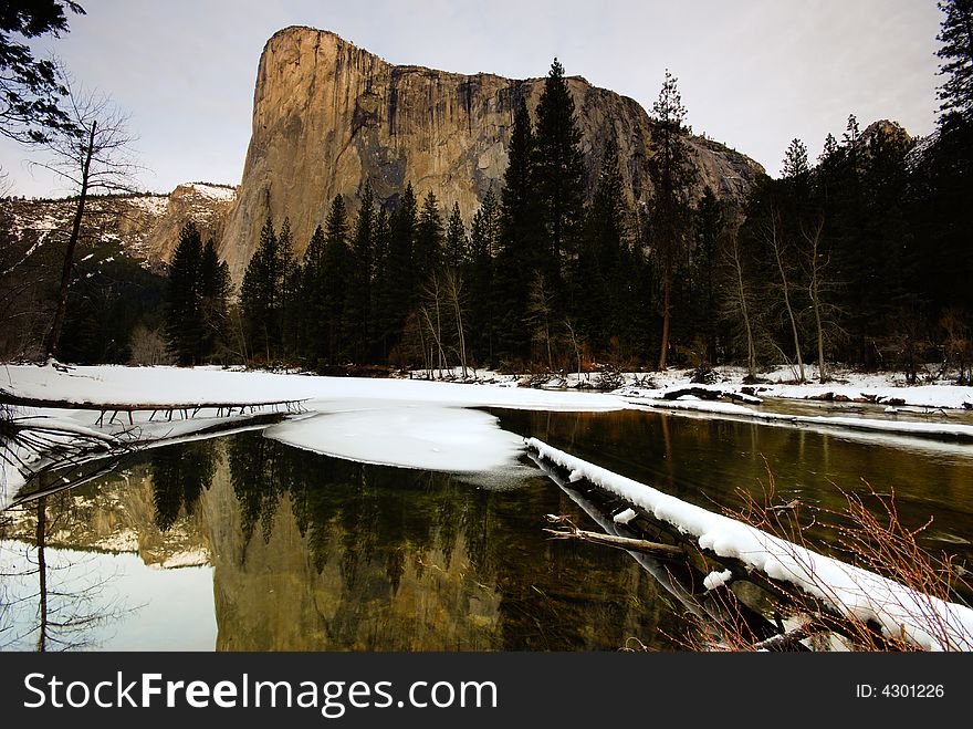 This is the snow capped three brothers in Yosemite and merced river. This is the snow capped three brothers in Yosemite and merced river