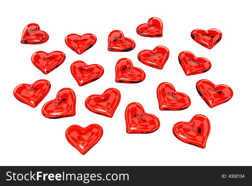 Cople of red glass hearts isolated on white